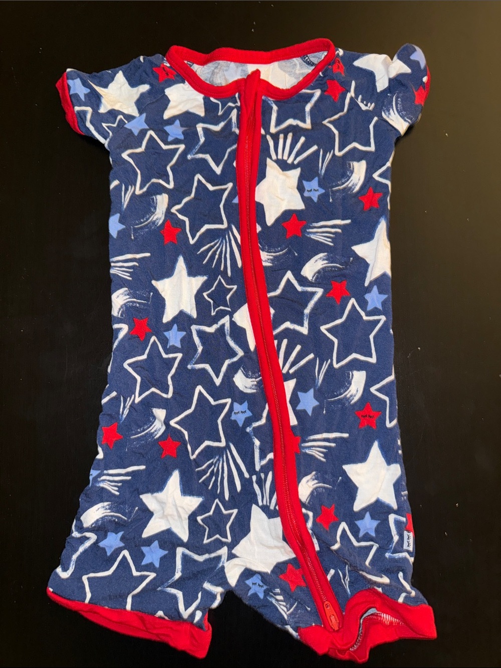 Blue Star-Print Kids Pajama Romper with Red Trim